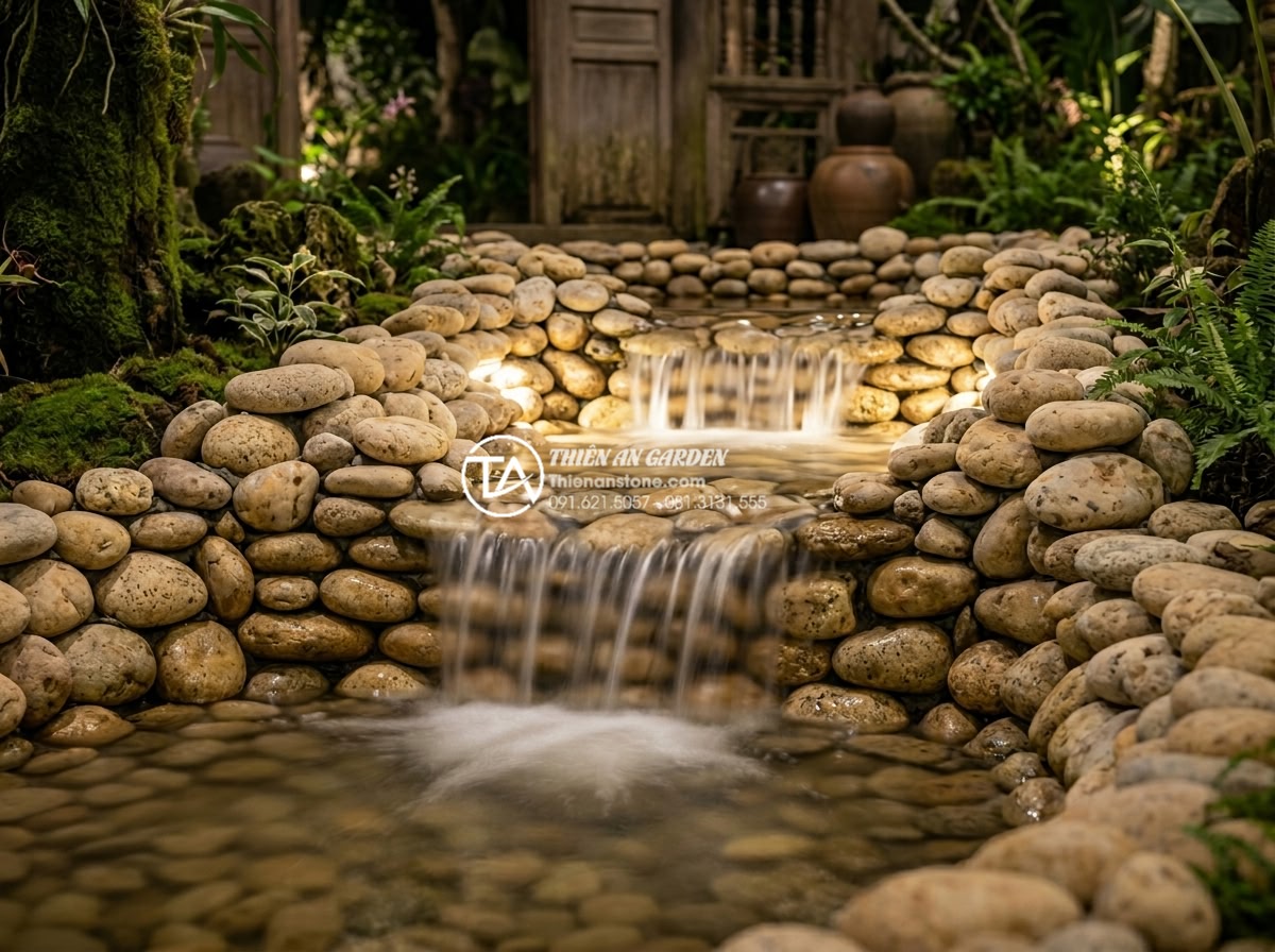 Cách khắc phục tình trạng nước tràn ra ngoài tiểu cảnh thác nước - Elegant nighttime photograph of a fully illuminated natural stone garden waterfa