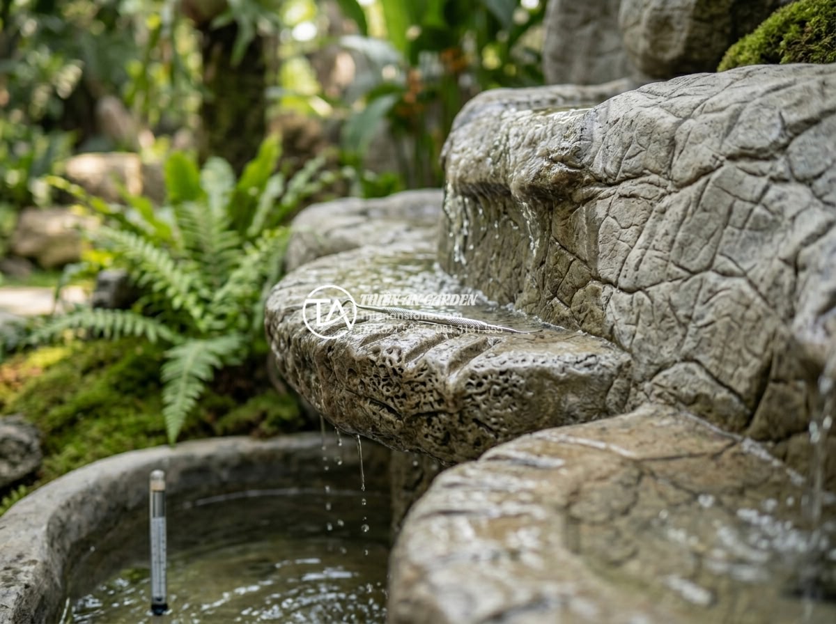 Cách khắc phục tình trạng nước tràn ra ngoài tiểu cảnh thác nước - Maintenance technician from Thien An Stone performing routine cleaning and inspe