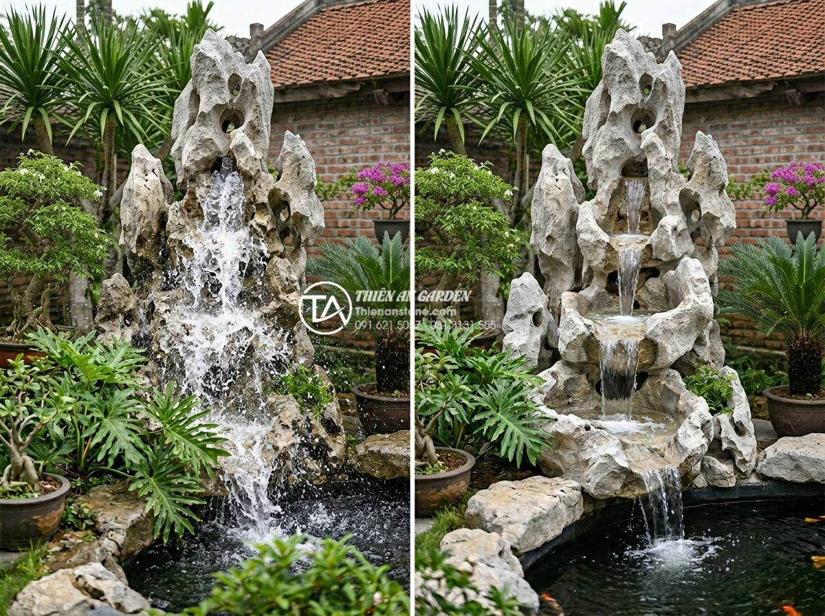 Cách khắc phục tình trạng nước tràn ra ngoài tiểu cảnh thác nước - Before and after comparison photo of a residential garden waterfall project by T