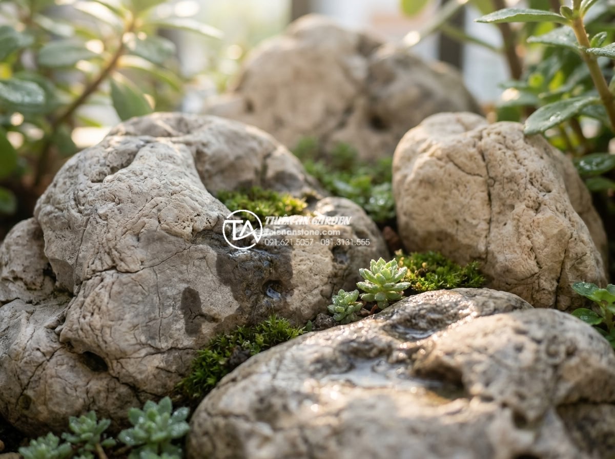 Cách sử dụng đá thấm thủy làm tiểu cảnh mini trước nhà cực độc đáo - Detailed close-up view of porous absorbing stones in a compact front garden, sho