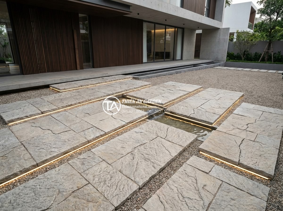 Cách sử dụng đá thấm thủy làm tiểu cảnh mini trước nhà cực độc đáo - Modern minimalist front yard design with precisely cut porous absorbing stones a