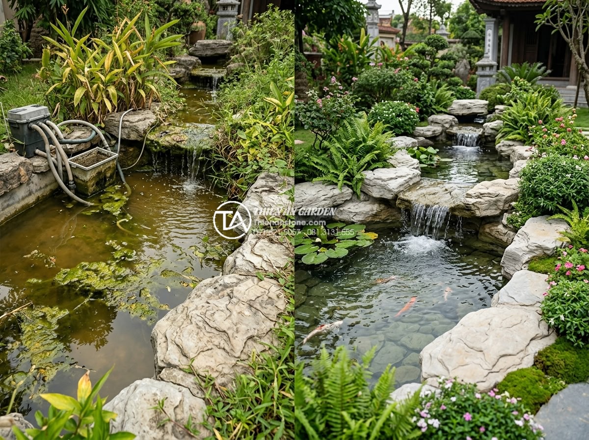 Cách thiết kế hệ thống lọc nước cho tiểu cảnh thác nước luôn trong xanh - Before-and-after comparison of a Vietnamese garden waterfall project by Da Canh 