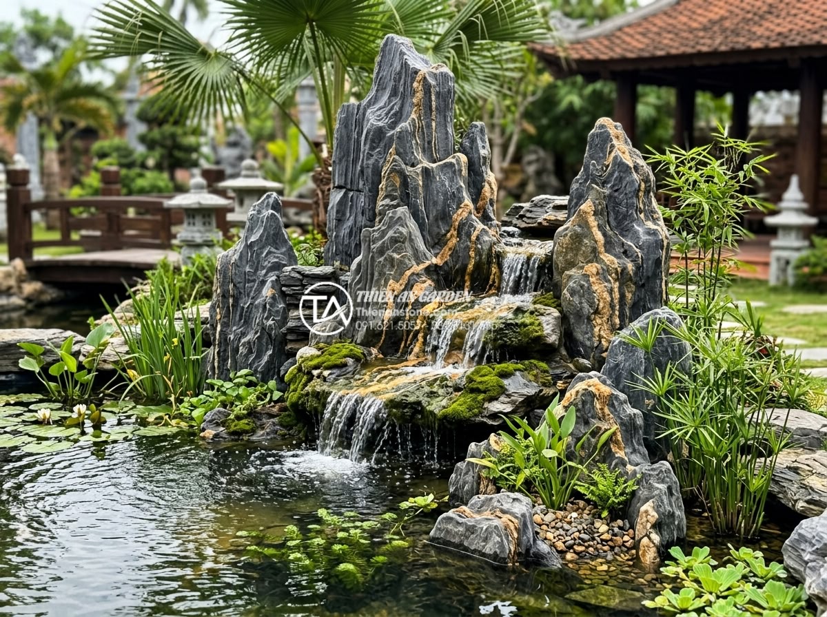 Cách thiết kế hệ thống lọc nước cho tiểu cảnh thác nước luôn trong xanh - Beautiful landscape view of a completed natural stone waterfall with thriving bi