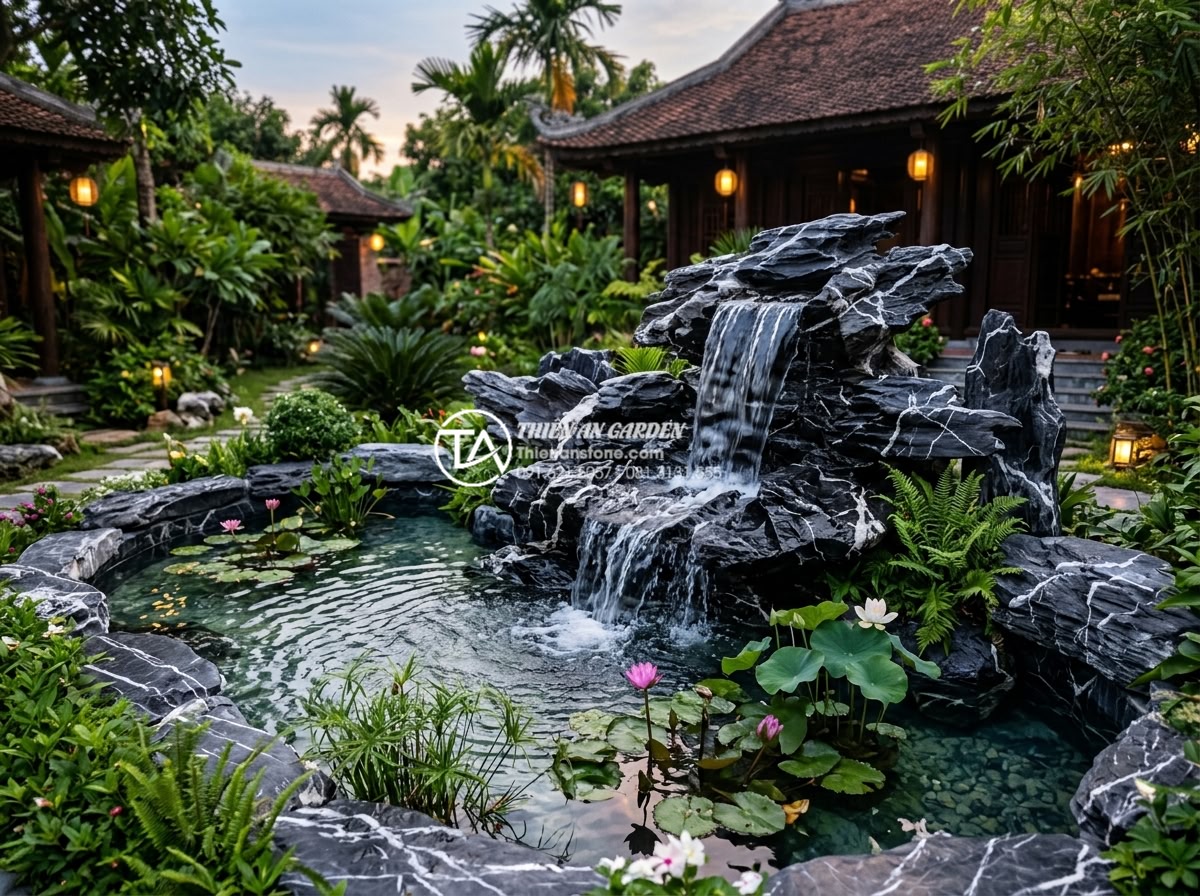 Cách thiết kế hệ thống lọc nước cho tiểu cảnh thác nước luôn trong xanh - Final completion photo of a stunning natural stone waterfall and pond system in 