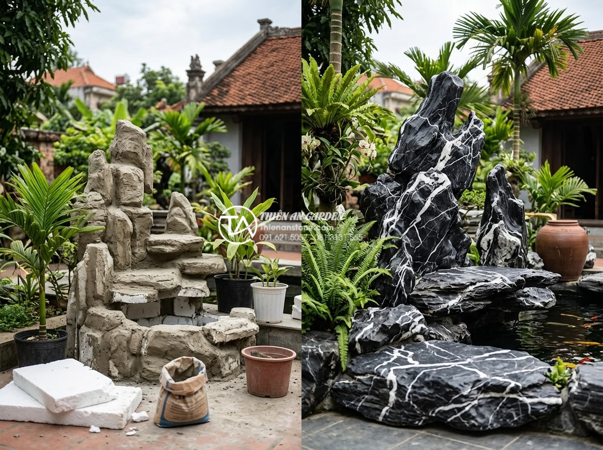 Cách tự làm hòn non bộ bằng xi măng và xốp cực đơn giản cho người mới - Side-by-side comparison showing lightweight DIY cement foam rockery versus heavy