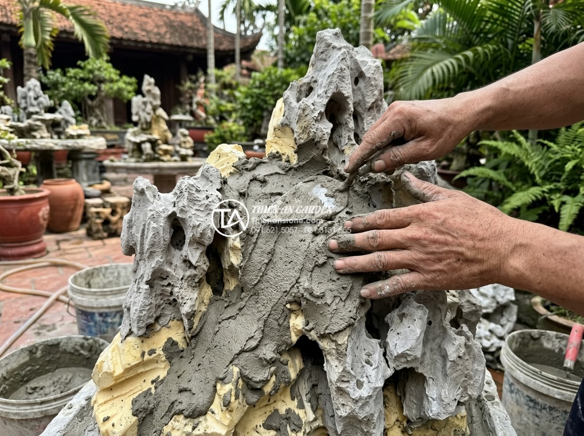 Cách tự làm hòn non bộ bằng xi măng và xốp cực đơn giản cho người mới - Hands applying first layer of cement mixture onto carved foam rockery base with 