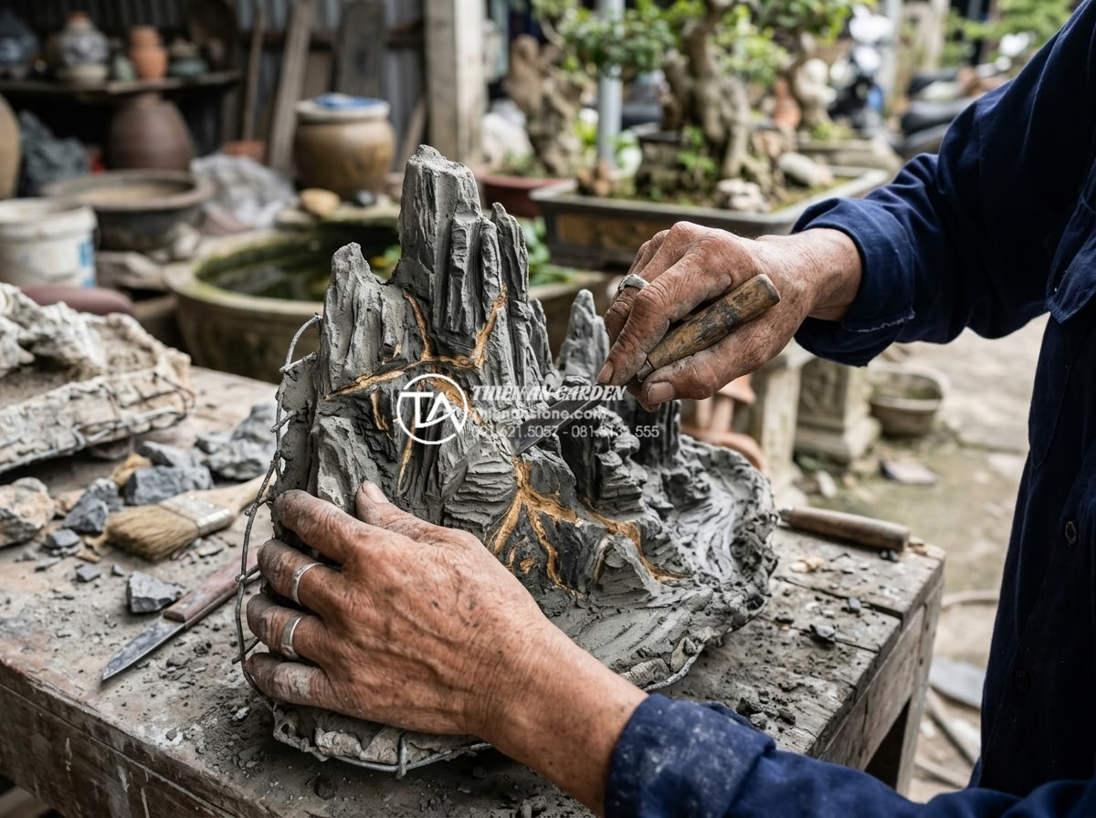 Cách tự làm hòn non bộ bằng xi măng và xốp cực đơn giản cho người mới - Close-up of artisan hands carving realistic stone texture and natural rock forma