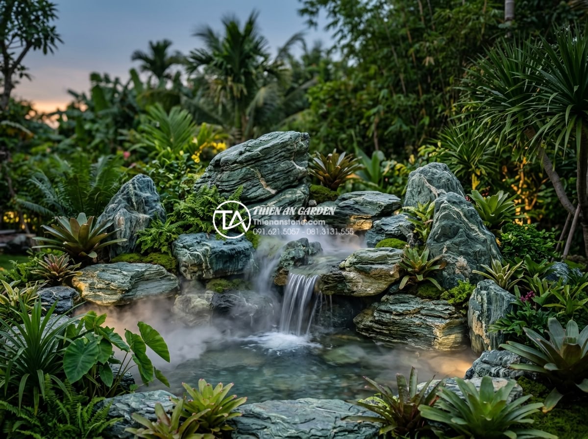 Cách tự làm hòn non bộ bằng xi măng và xốp cực đơn giản cho người mới - Stunning completed DIY rockery with flowing water feature, lush green plants, an