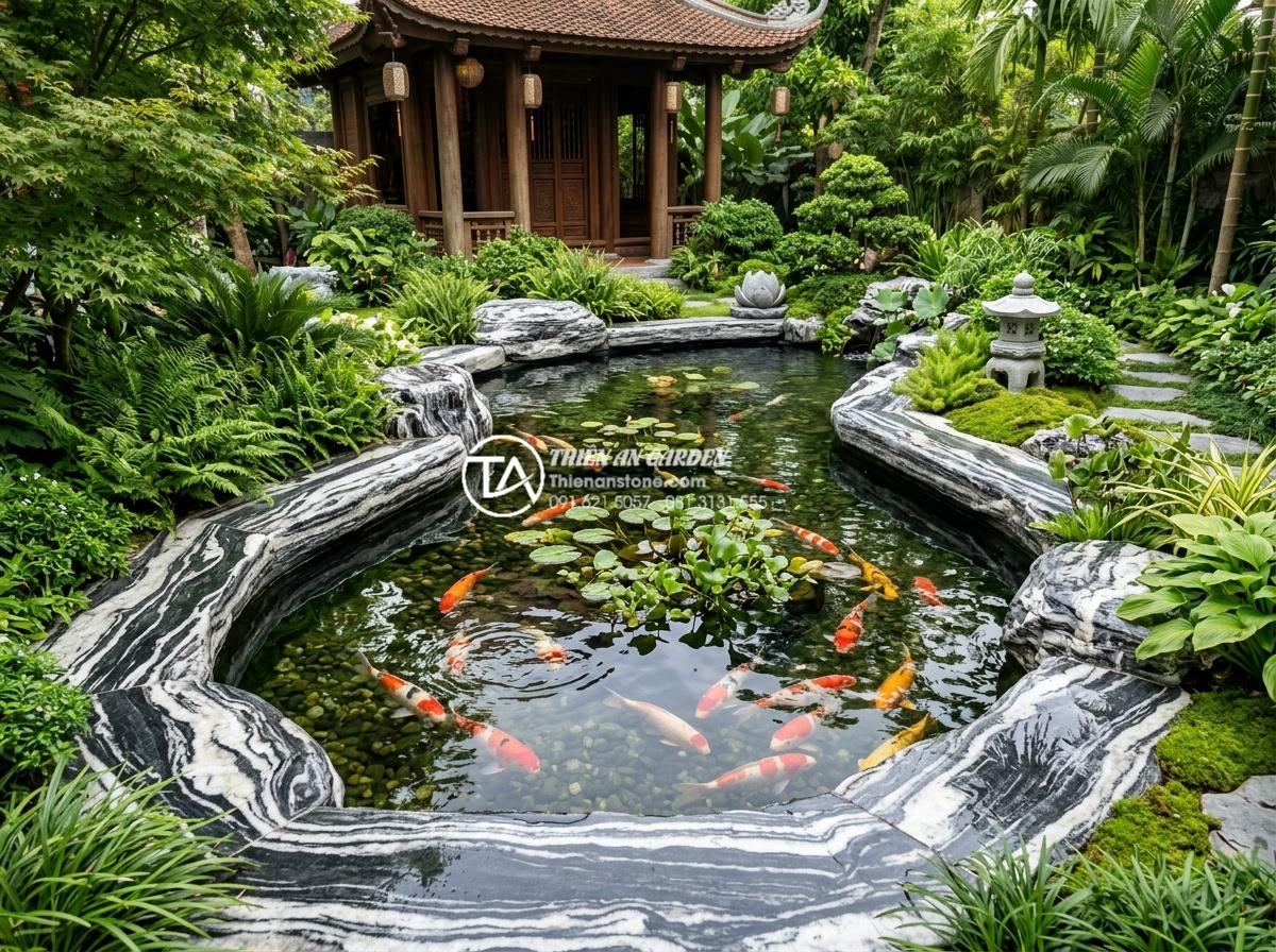 Cách xử lý chống thấm cho bể cá tiểu cảnh sân vườn hiệu quả trên 10 năm - Beautiful finished koi pond photo showing natural stone edges with glossy protec