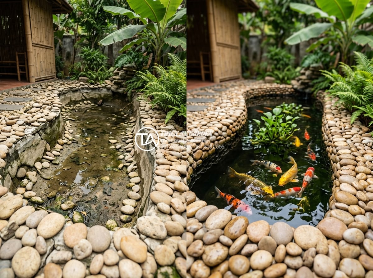 Cách xử lý chống thấm cho bể cá tiểu cảnh sân vườn hiệu quả trên 10 năm - Before and after professional repair photography of a leaking Vietnamese garden 