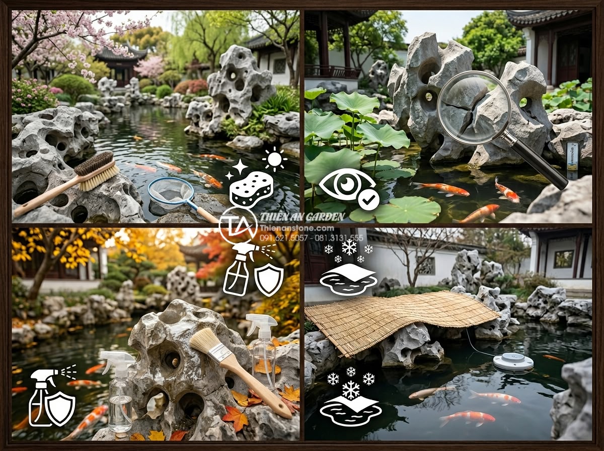 Cách xử lý chống thấm cho bể cá tiểu cảnh sân vườn hiệu quả trên 10 năm - Calendar style professional image showing annual maintenance schedule for koi po