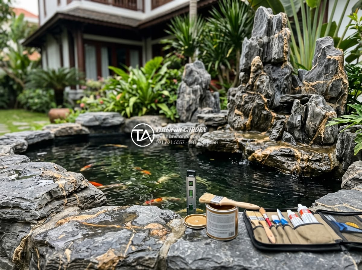 Cách xử lý chống thấm cho bể cá tiểu cảnh sân vườn hiệu quả trên 10 năm - Realistic photo of technician performing routine inspection on luxury koi pond i