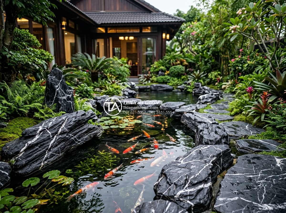 Cách xử lý chống thấm cho bể cá tiểu cảnh sân vườn hiệu quả trên 10 năm - Luxury final result photography of a stunning Vietnamese villa garden koi pond w