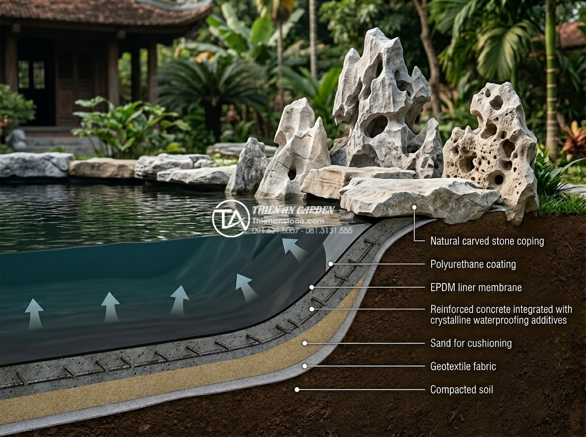 Cách xử lý chống thấm cho bể cá tiểu cảnh sân vườn hiệu quả trên 10 năm - Technical diagram style image showing multi-layer waterproofing system cross-sec