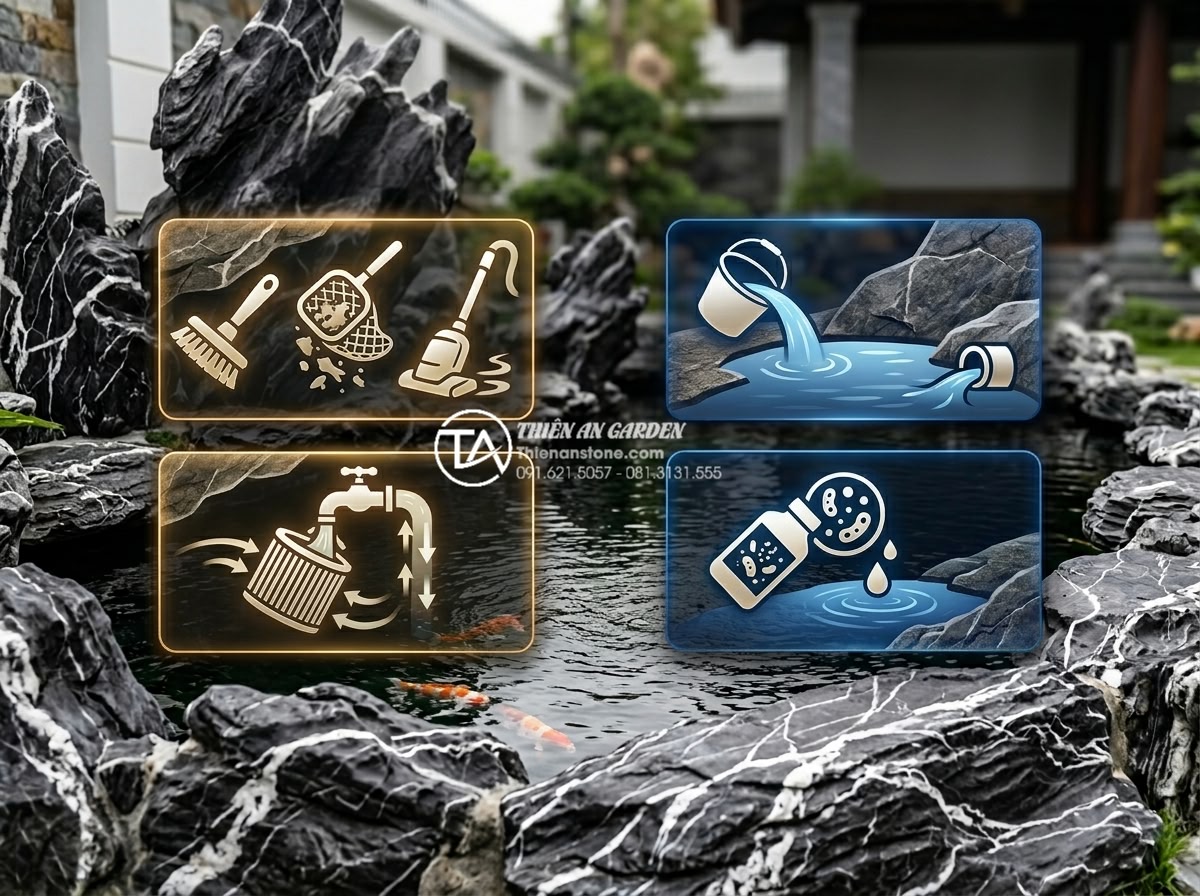 Cách xử lý hồ nước hòn non bộ bị đục và rêu xanh triệt để tại nhà - Hình 8 Cách xử lý hồ nước hòn non bộ bị đục và rêu xanh triệt để tại nhà - Calendar-style infographic showing weekly and monthly pond maintenance schedule