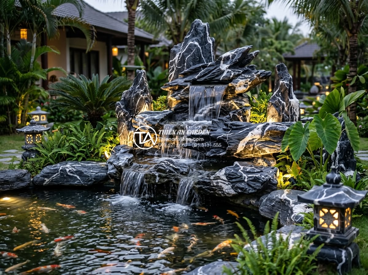 Cách xử lý tiếng ồn thác nước: Làm sao để có âm thanh róc rách thư giãn? - Hình 4 Cách xử lý tiếng ồn thác nước: Làm sao để có âm thanh róc rách thư giãn? - Stunning evening view of a handcrafted natural stone waterfall in a high-end Vie