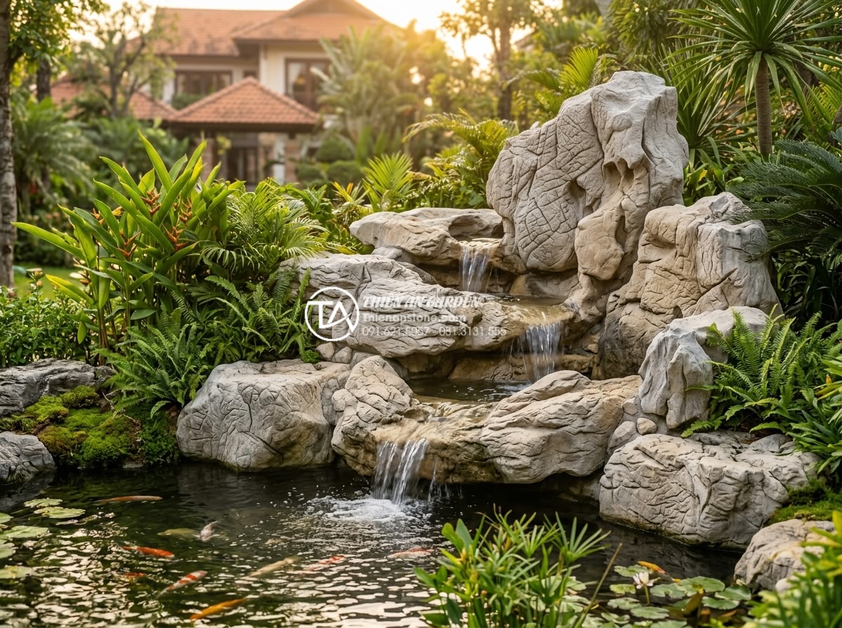 Cách xử lý tiếng ồn thác nước: Làm sao để có âm thanh róc rách thư giãn? - Hình 6 Cách xử lý tiếng ồn thác nước: Làm sao để có âm thanh róc rách thư giãn? - Professional team from Thien An Stone consulting with clients at a luxurious Vie