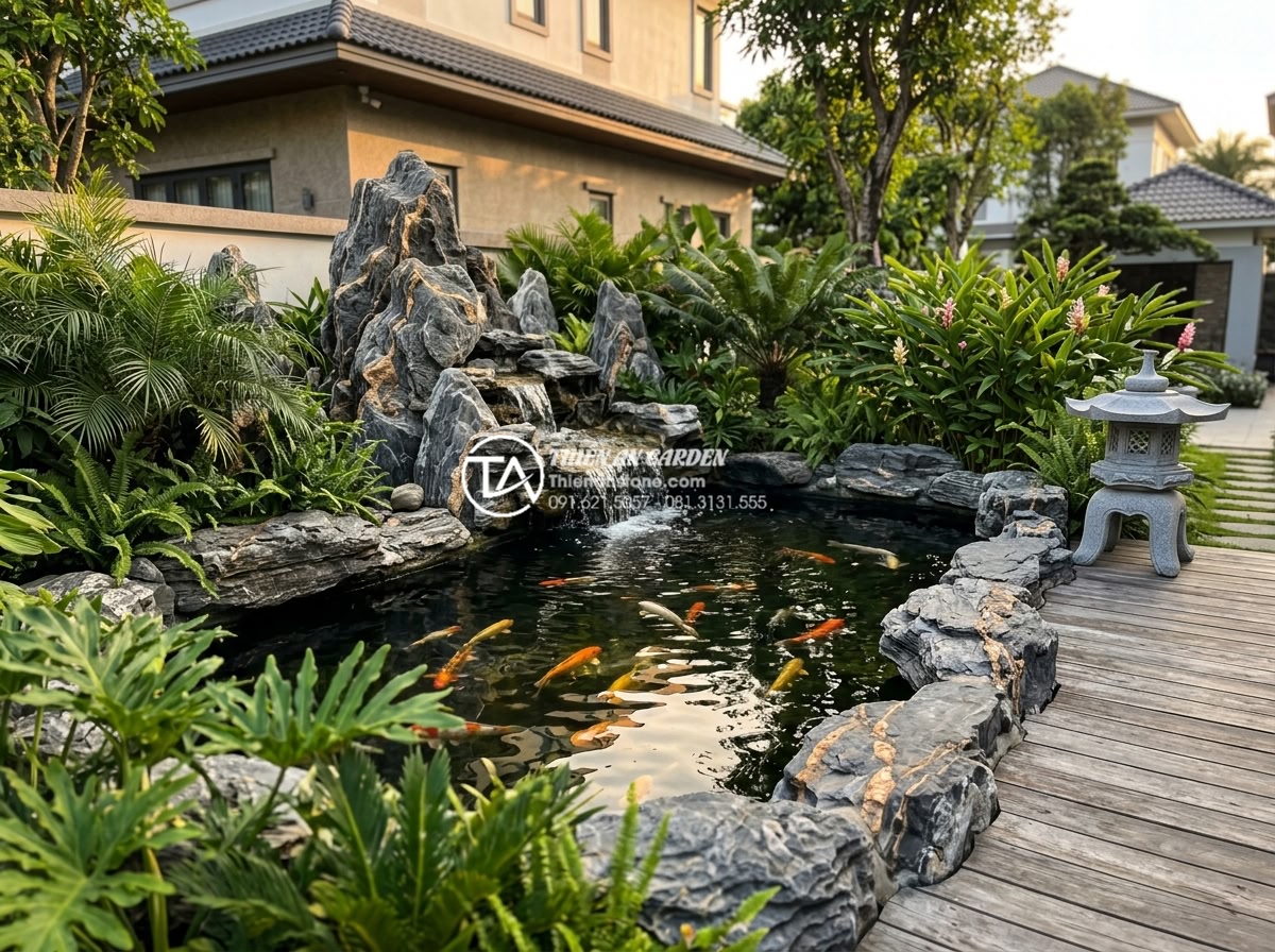 Cẩm nang thiết kế tiểu cảnh bể cá sân vườn từ A-Z cho người mới - Professional high-resolution photograph of a modern Vietnamese villa garden feat