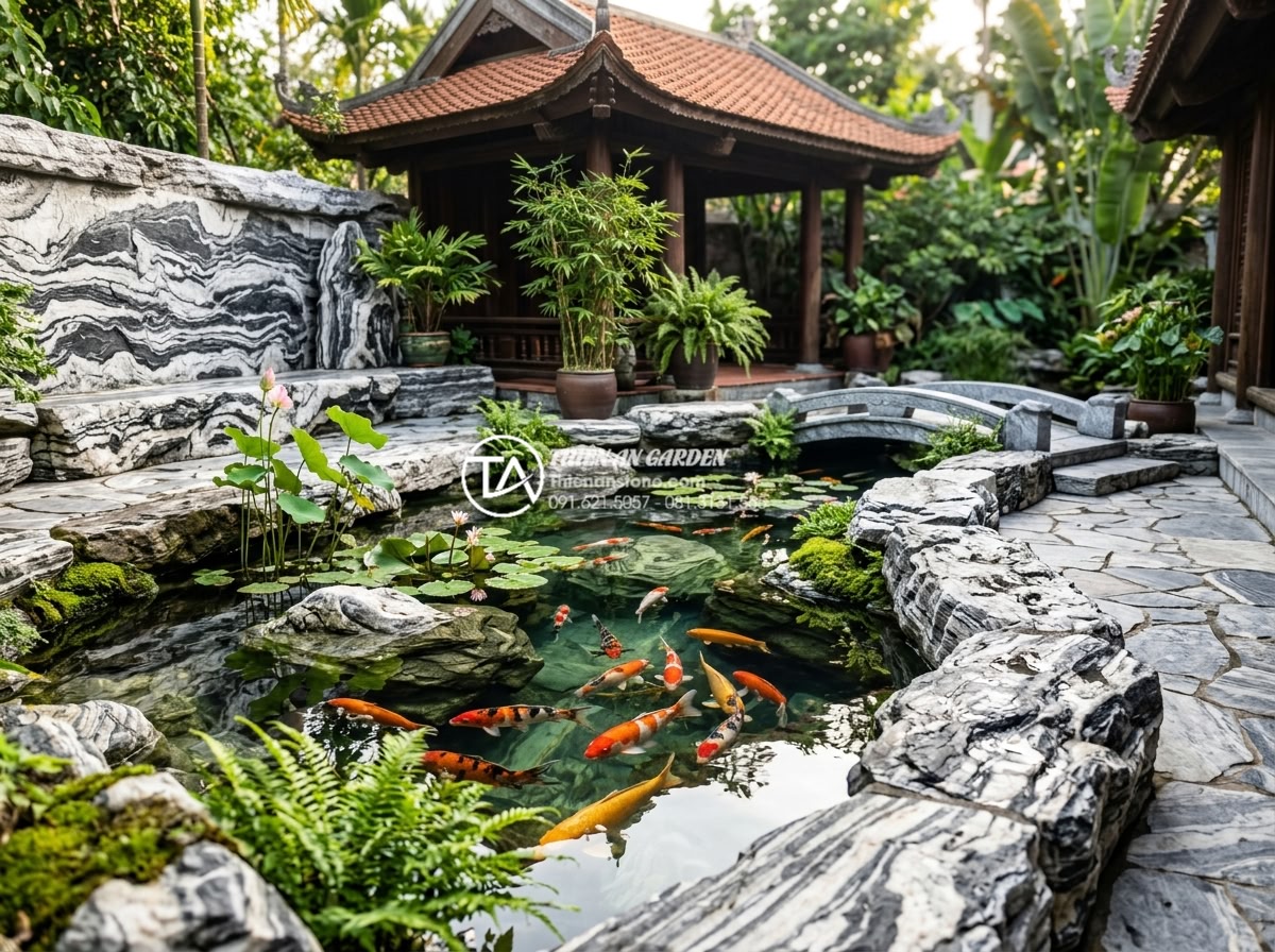 Cẩm nang thiết kế tiểu cảnh bể cá sân vườn từ A-Z cho người mới - Detailed professional image of a luxurious stone-crafted koi pond in a tradition