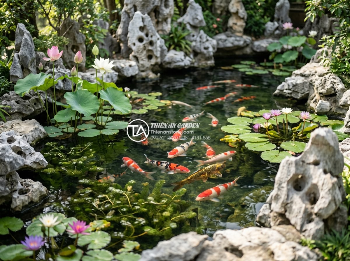 Cẩm nang thiết kế tiểu cảnh bể cá sân vườn từ A-Z cho người mới - Beautiful close-up of healthy colorful Japanese koi fish swimming gracefully in 