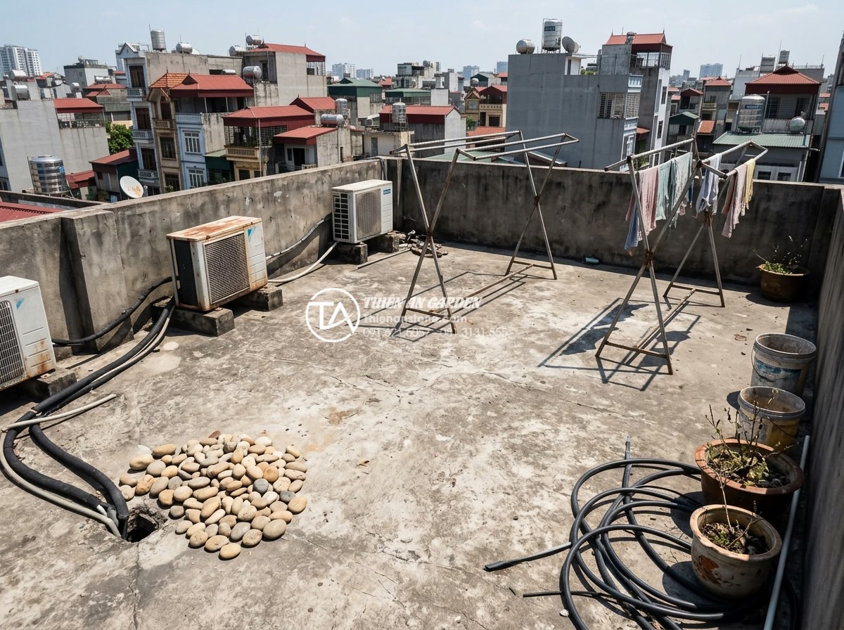 Case study: Biến sân thượng 20m2 thành tuyệt tác tiểu cảnh non bộ sân vườn - High-resolution professional photograph of a 20 square meter urban rooftop befor