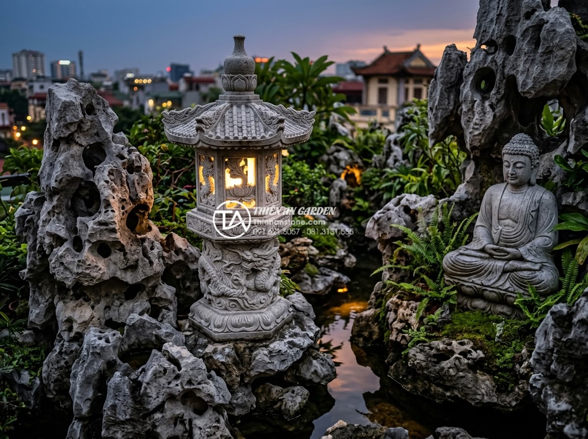 Case study: Biến sân thượng 20m2 thành tuyệt tác tiểu cảnh non bộ sân vườn - Hình 10 Case study: Biến sân thượng 20m2 thành tuyệt tác tiểu cảnh non bộ sân vườn - Elegant close-up of hand-carved stone lantern and Buddha statue placed within lu