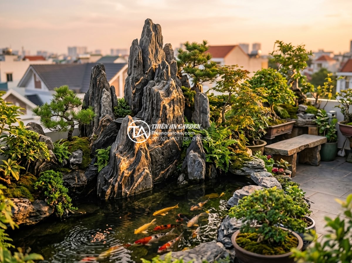 Case study: Biến sân thượng 20m2 thành tuyệt tác tiểu cảnh non bộ sân vườn - Hình 11 Case study: Biến sân thượng 20m2 thành tuyệt tác tiểu cảnh non bộ sân vườn - Emotional real-life photograph of happy Vietnamese family enjoying their complet