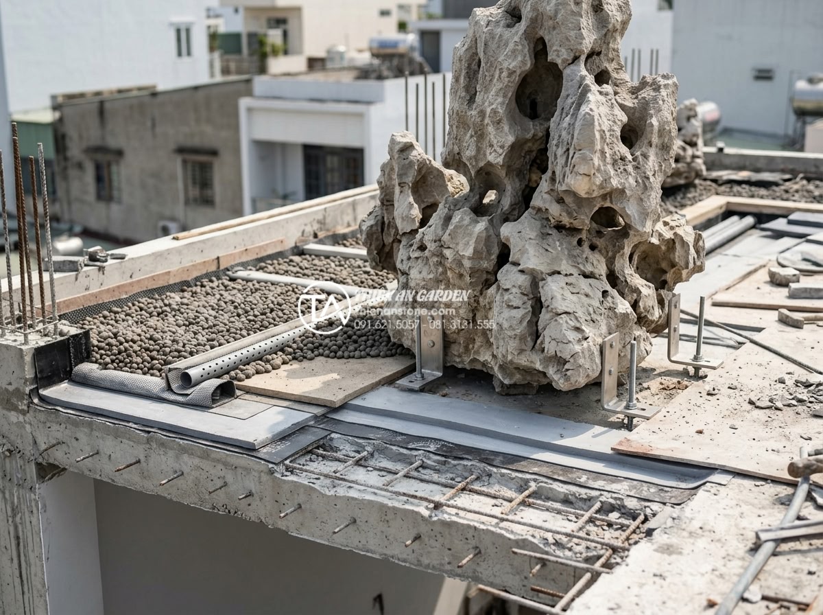 Case study: Biến sân thượng 20m2 thành tuyệt tác tiểu cảnh non bộ sân vườn - Hình 3 Case study: Biến sân thượng 20m2 thành tuyệt tác tiểu cảnh non bộ sân vườn - Detailed engineering photograph showing structural reinforcement of a rooftop te