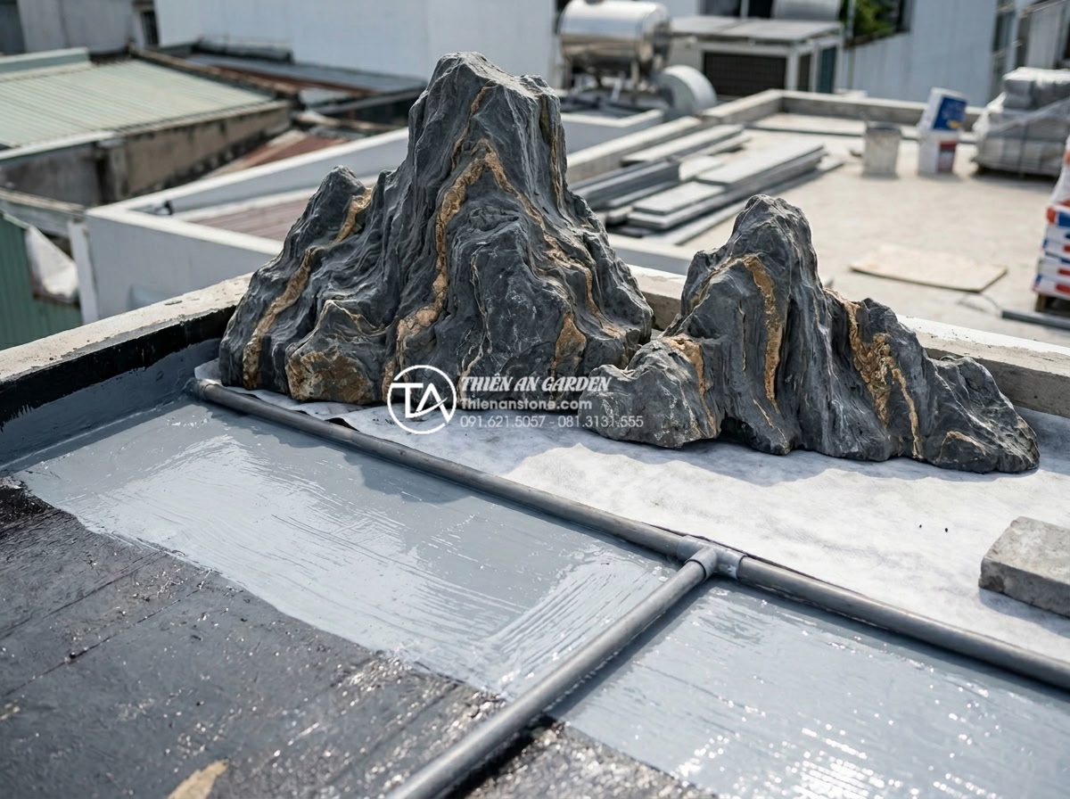 Case study: Biến sân thượng 20m2 thành tuyệt tác tiểu cảnh non bộ sân vườn - Hình 4 Case study: Biến sân thượng 20m2 thành tuyệt tác tiểu cảnh non bộ sân vườn - Close-up technical image of multi-layer rooftop waterproofing system installatio