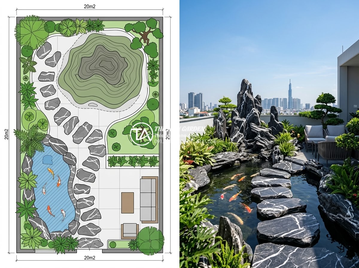 Case study: Biến sân thượng 20m2 thành tuyệt tác tiểu cảnh non bộ sân vườn - Hình 7 Case study: Biến sân thượng 20m2 thành tuyệt tác tiểu cảnh non bộ sân vườn - Professional landscape architecture rendering and real photo comparison of 20m2