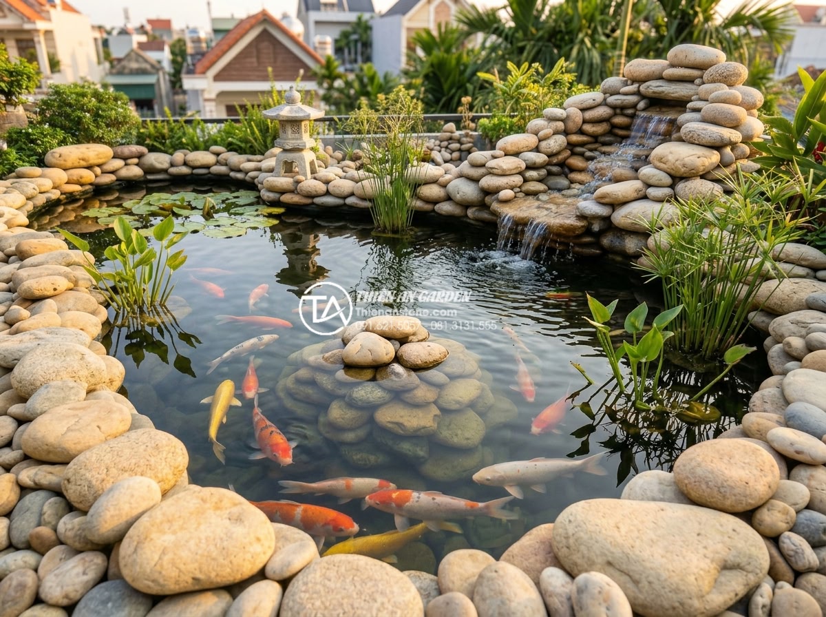 Case study: Biến sân thượng 20m2 thành tuyệt tác tiểu cảnh non bộ sân vườn - Hình 8 Case study: Biến sân thượng 20m2 thành tuyệt tác tiểu cảnh non bộ sân vườn - Vibrant photograph of crystal clear koi pond integrated into rooftop rockery, sh