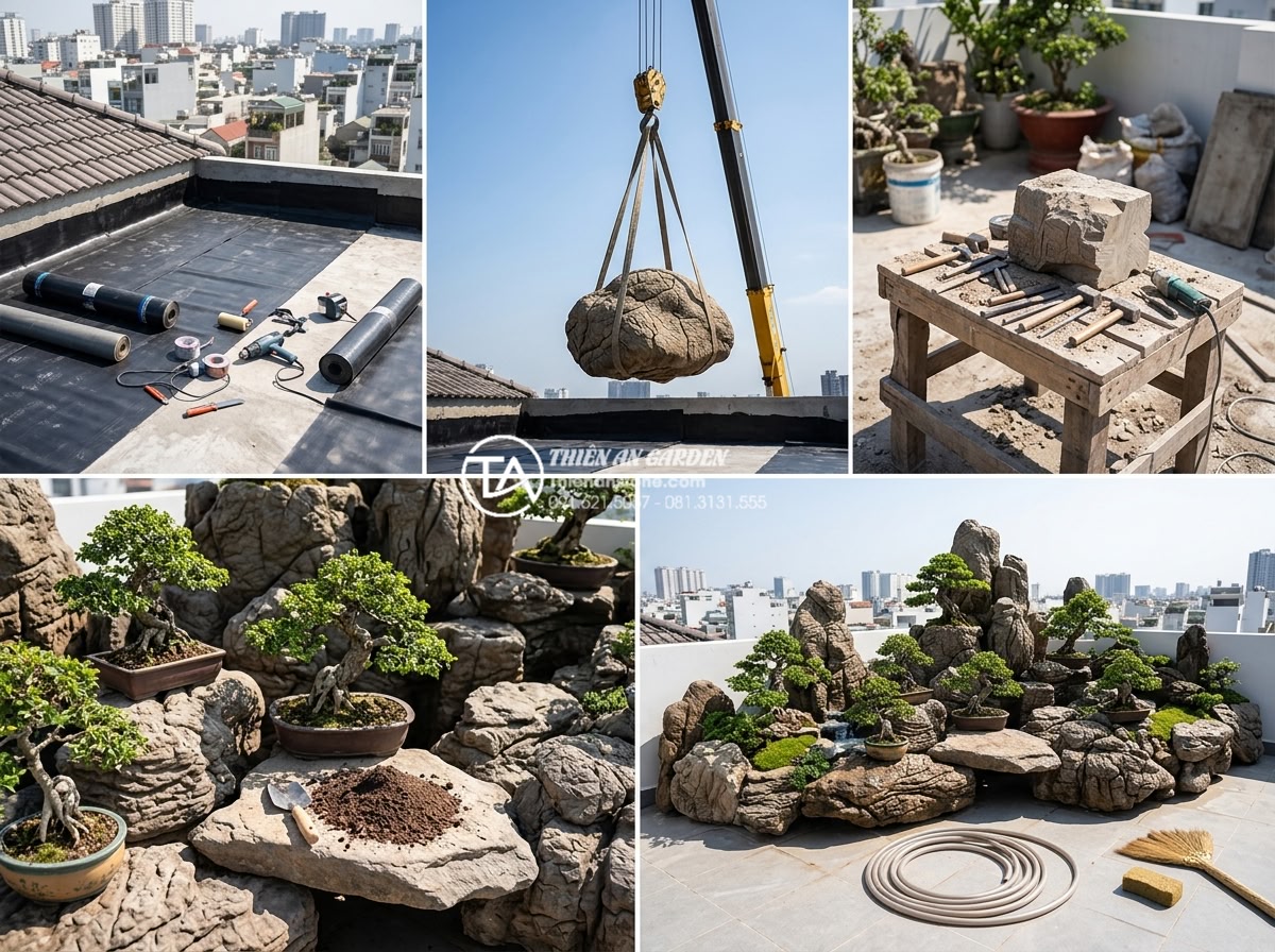 Case study: Biến sân thượng 20m2 thành tuyệt tác tiểu cảnh non bộ sân vườn - Hình 9 Case study: Biến sân thượng 20m2 thành tuyệt tác tiểu cảnh non bộ sân vườn - Step-by-step construction sequence collage of rooftop rockery project, showing w