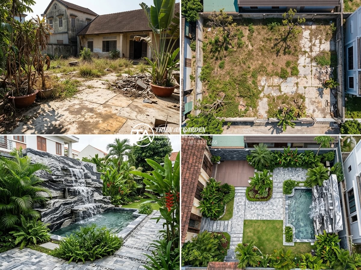 Case Study: Cải tạo sân vườn cũ thành không gian nghỉ dưỡng với thác nước đá cuội - Aerial and ground-level before photos of a neglected 250sqm Vietnamese villa bac