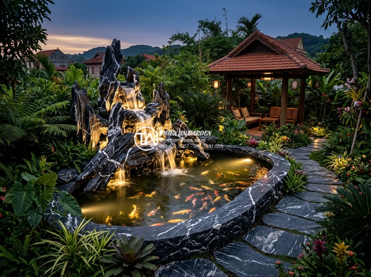 Case Study: Cải tạo sân vườn cũ thành không gian nghỉ dưỡng với thác nước đá cuội - Final hero shot of the completed luxury resort-style garden at dusk with the glo