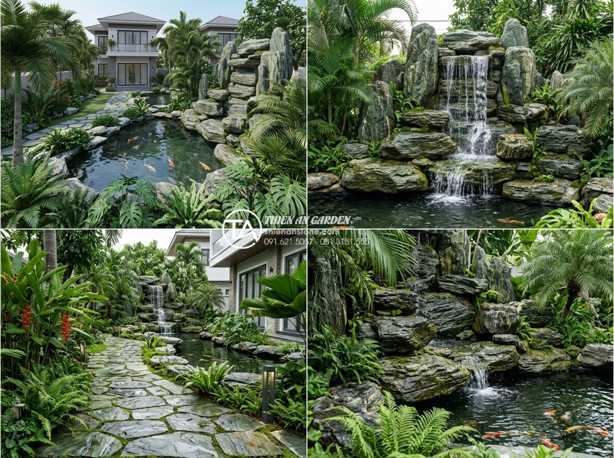 Case Study: Cải tạo sân vườn cũ thành không gian nghỉ dưỡng với thác nước đá cuội - 3D rendering and real construction photos of the resort-style garden design feat