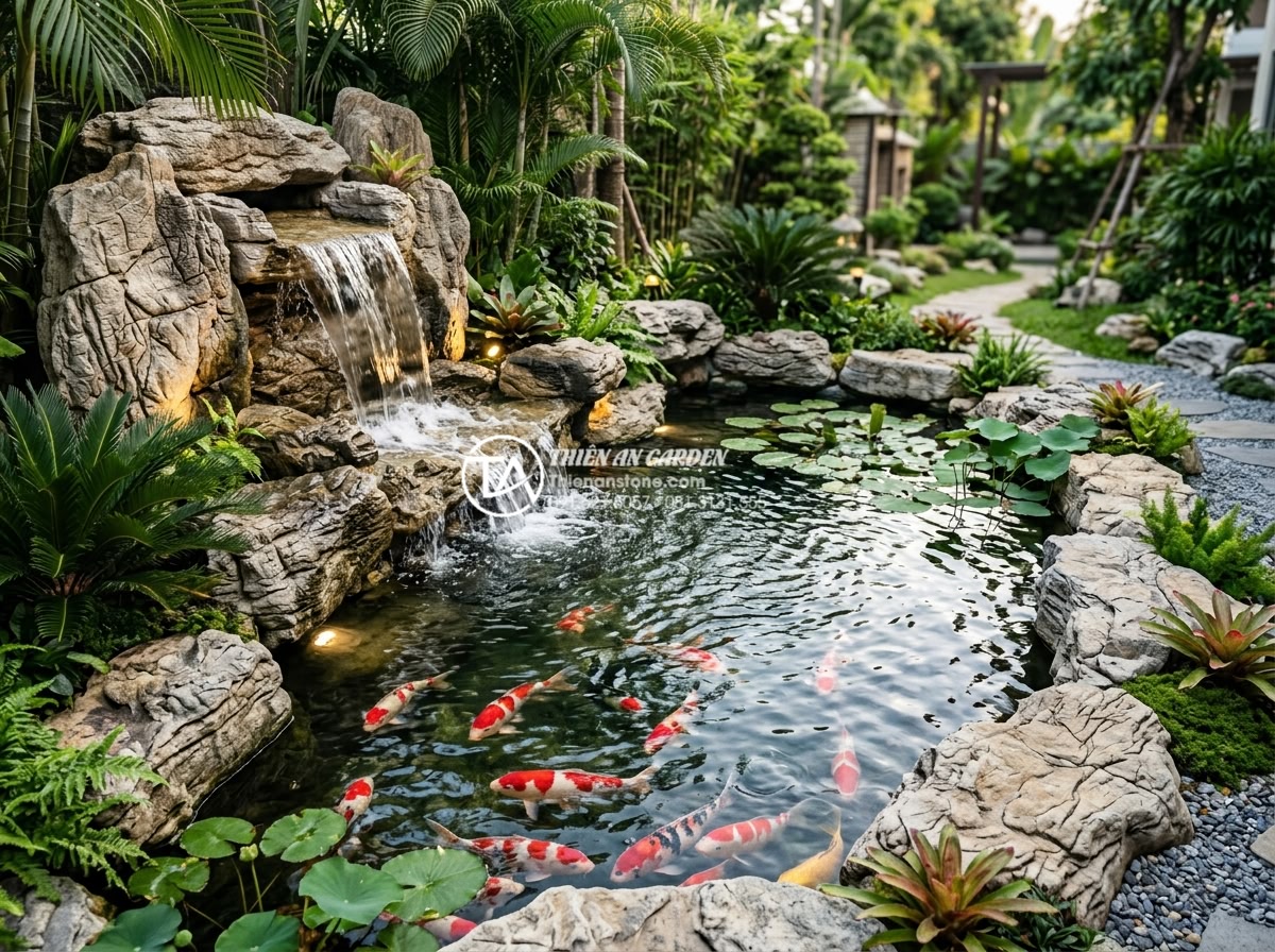Case Study: Cải tạo sân vườn cũ thành không gian nghỉ dưỡng với thác nước đá cuội - Beautiful integration of the cobblestone waterfall with a 12sqm koi pond contain