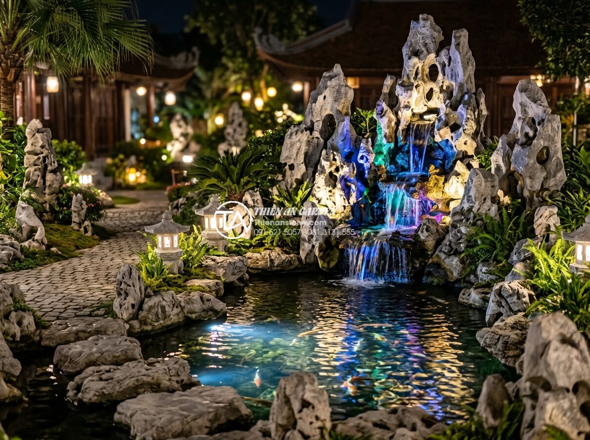 Case Study: Cải tạo sân vườn cũ thành không gian nghỉ dưỡng với thác nước đá cuội - Night view of the illuminated cobblestone waterfall with colorful LED lights ref