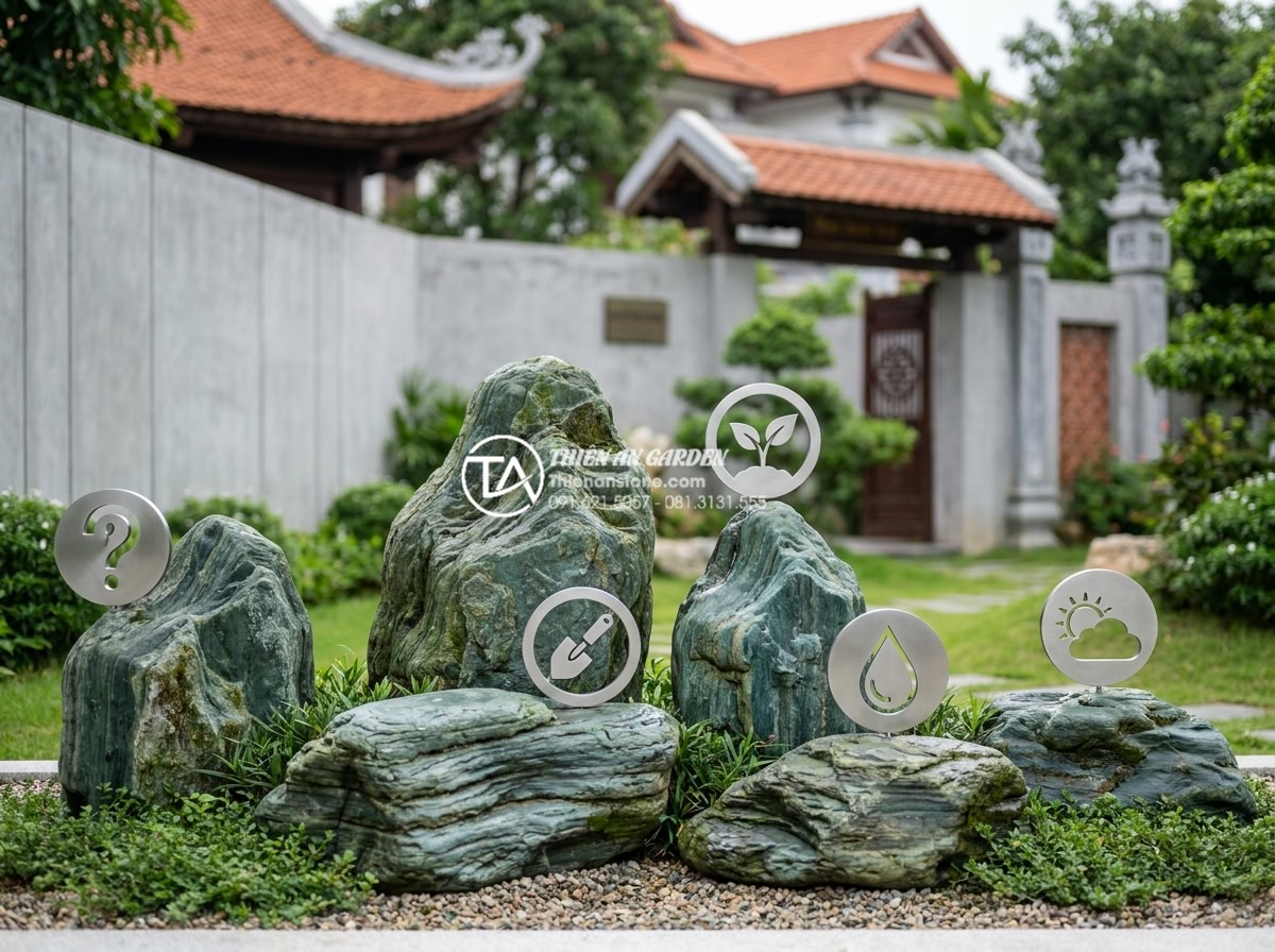 Câu hỏi thường gặp: Diện tích bao nhiêu thì làm được tiểu cảnh sân trước? - Professional Q&A style image with icons representing common questions about 