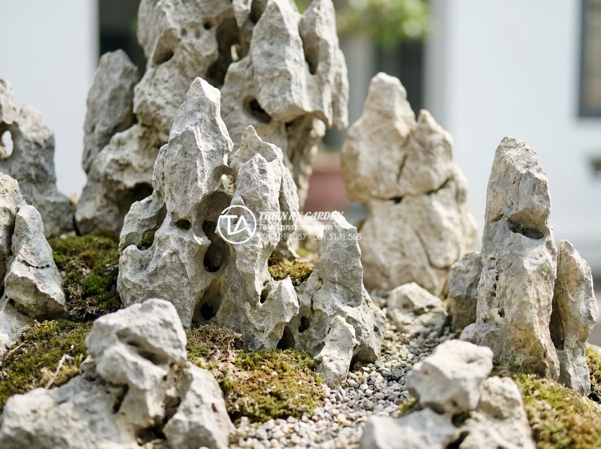 Câu hỏi thường gặp: Diện tích bao nhiêu thì làm được tiểu cảnh sân trước? - High detail close-up of various natural Vietnamese stones used in garden design: