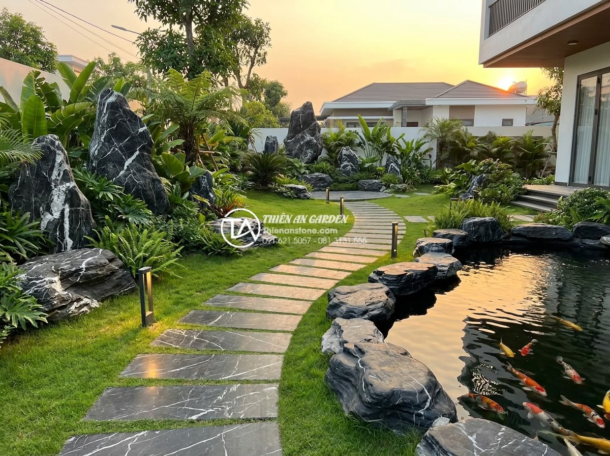Checklist 12 bước thi công tiểu cảnh sân vườn đá tự nhiên chuyên nghiệp - Final completed professional natural stone garden landscape in modern Vietnamese