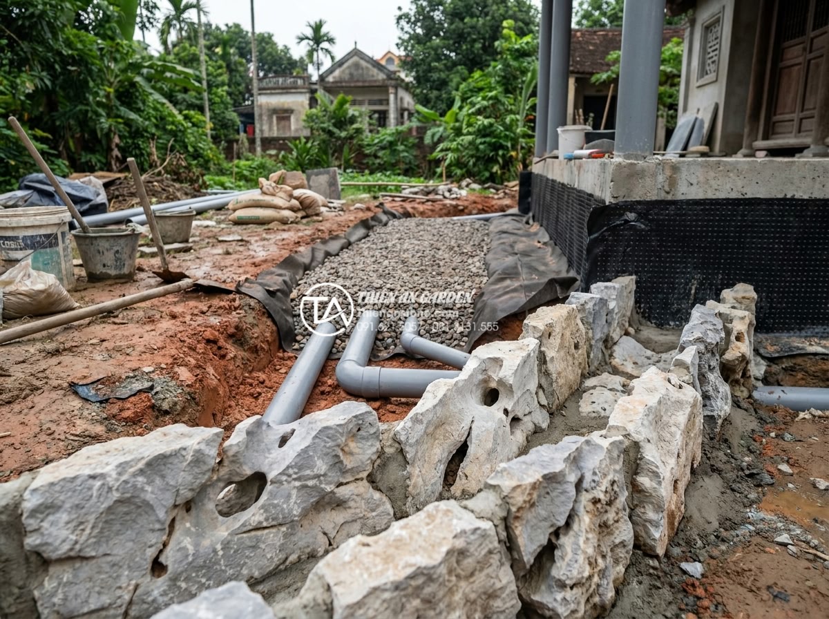 Checklist 12 bước thi công tiểu cảnh sân vườn đá tự nhiên chuyên nghiệp - Detailed construction photo of professional drainage system installation for nat