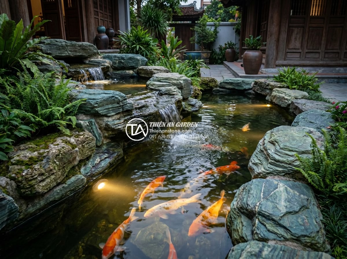 Checklist 12 bước thi công tiểu cảnh sân vườn đá tự nhiên chuyên nghiệp - Beautiful completed Koi pond with natural stone waterfall non-bo in Vietnamese l