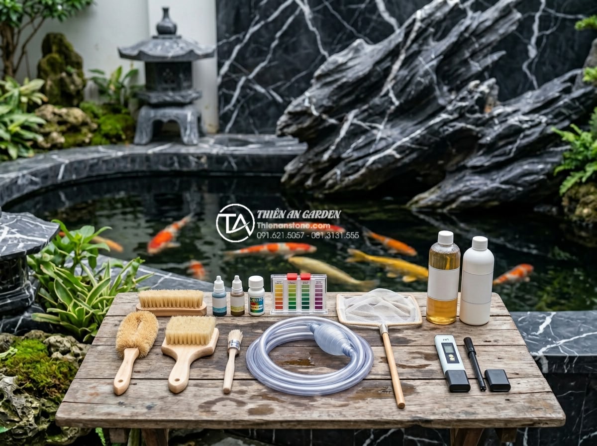 Checklist 15 bước bảo trì bể cá sân vườn định kỳ dành cho gia chủ - Hình 2 Checklist 15 bước bảo trì bể cá sân vườn định kỳ dành cho gia chủ - Close-up of essential maintenance tools neatly arranged on a wooden table beside