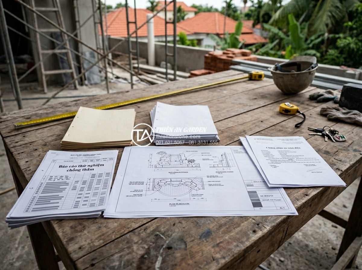 Checklist cần kiểm tra trước khi nghiệm thu thi công thác nước sân vườn - Hình 3 Checklist cần kiểm tra trước khi nghiệm thu thi công thác nước sân vườn - Organized technical documentation spread on a wooden table at a construction sit