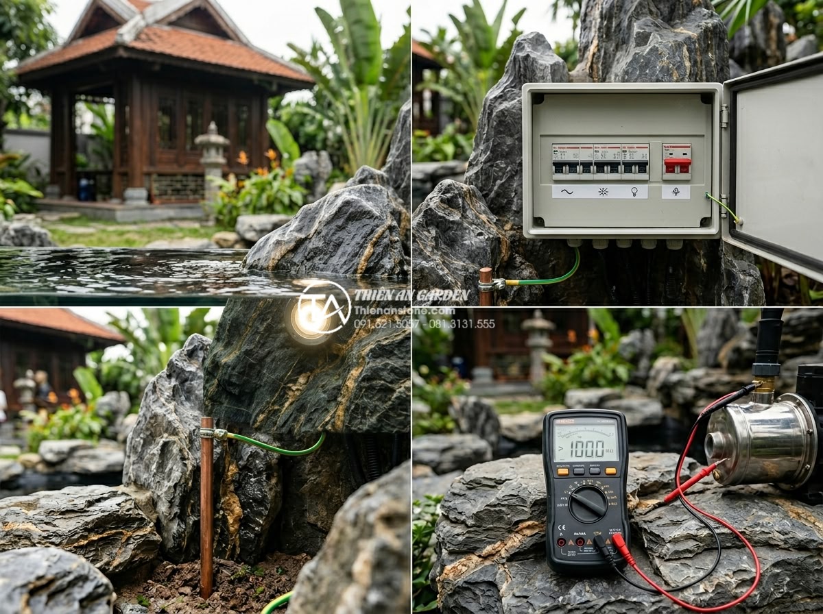 Checklist cần kiểm tra trước khi nghiệm thu thi công thác nước sân vườn - Hình 7 Checklist cần kiểm tra trước khi nghiệm thu thi công thác nước sân vườn - Electrical safety inspection of garden waterfall lighting and pump system, showi