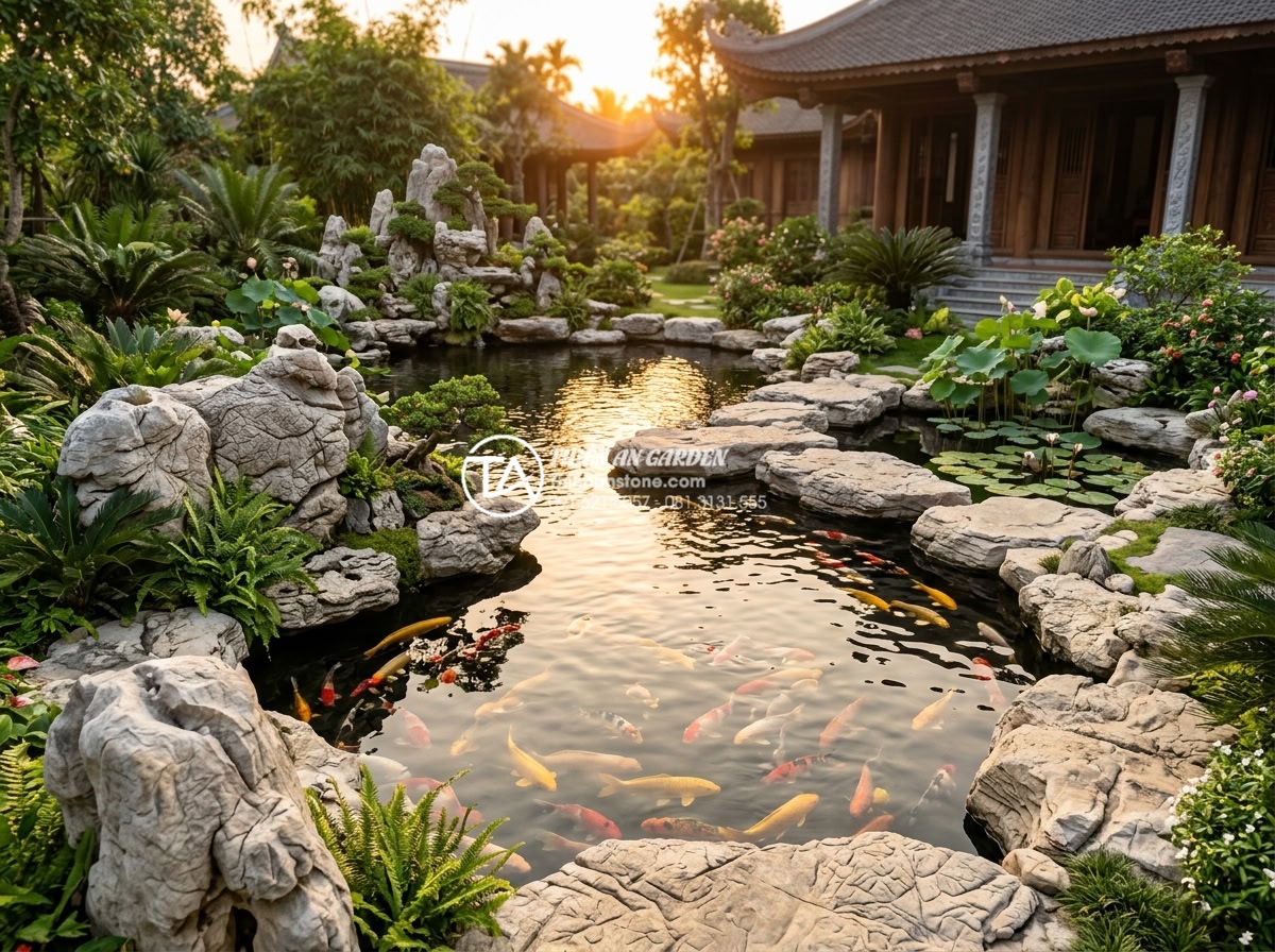 Chi phí vận hành máy lọc hồ cá sân vườn hàng tháng bao nhiêu tiền? - Stunning final realistic image of a perfectly maintained large outdoor koi pond 