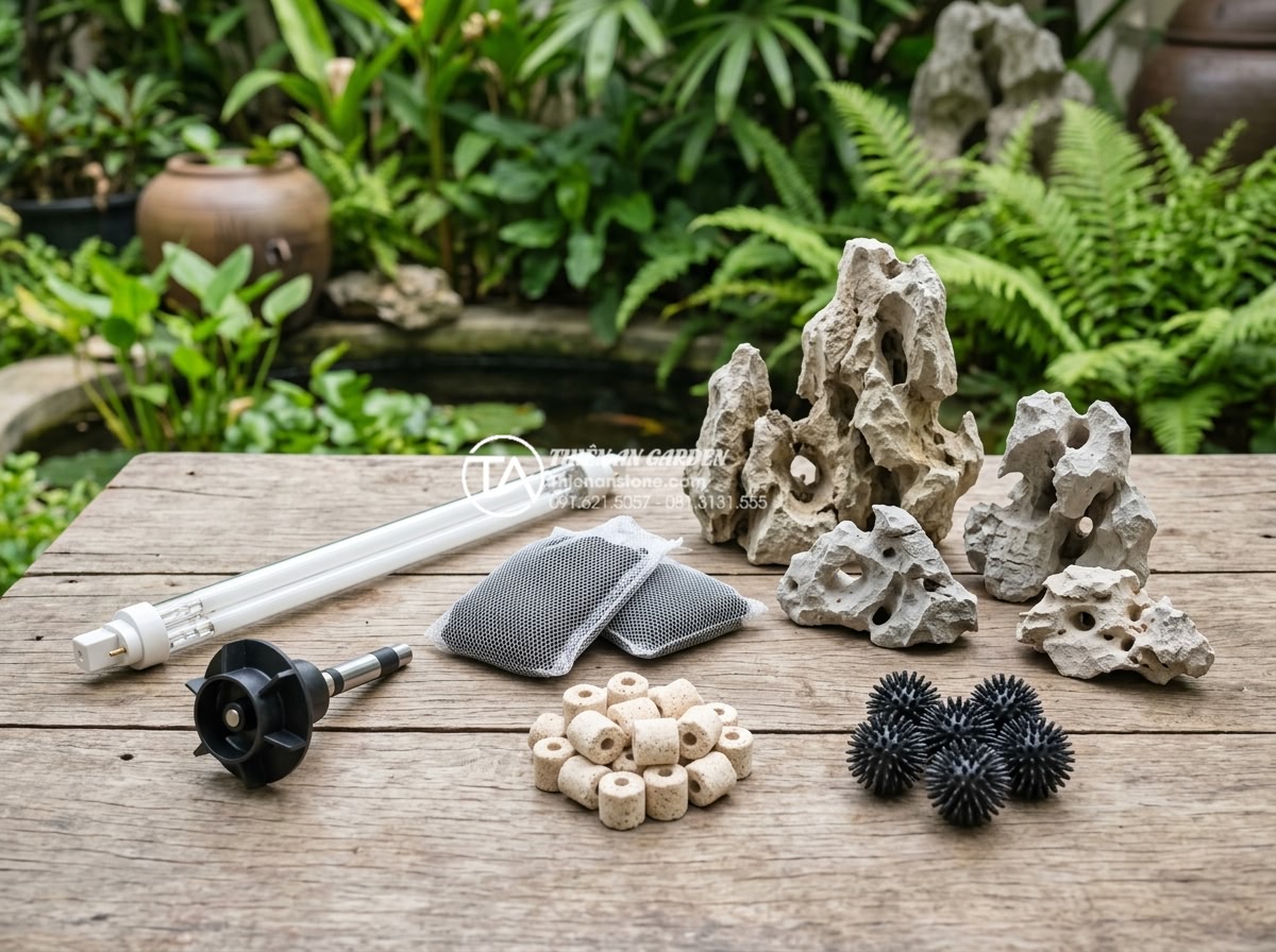 Chi phí vận hành máy lọc hồ cá sân vườn hàng tháng bao nhiêu tiền? - Realistic high-resolution image of various pond filter replacement parts laid ou