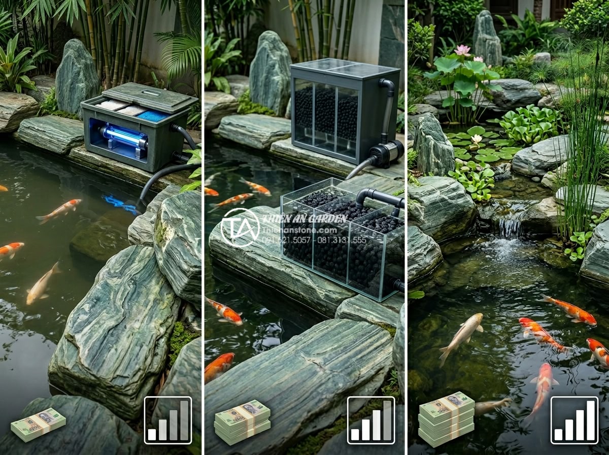 Chi phí vận hành máy lọc hồ cá sân vườn hàng tháng bao nhiêu tiền? - Comparative realistic infographic image showing three different koi pond filtrat
