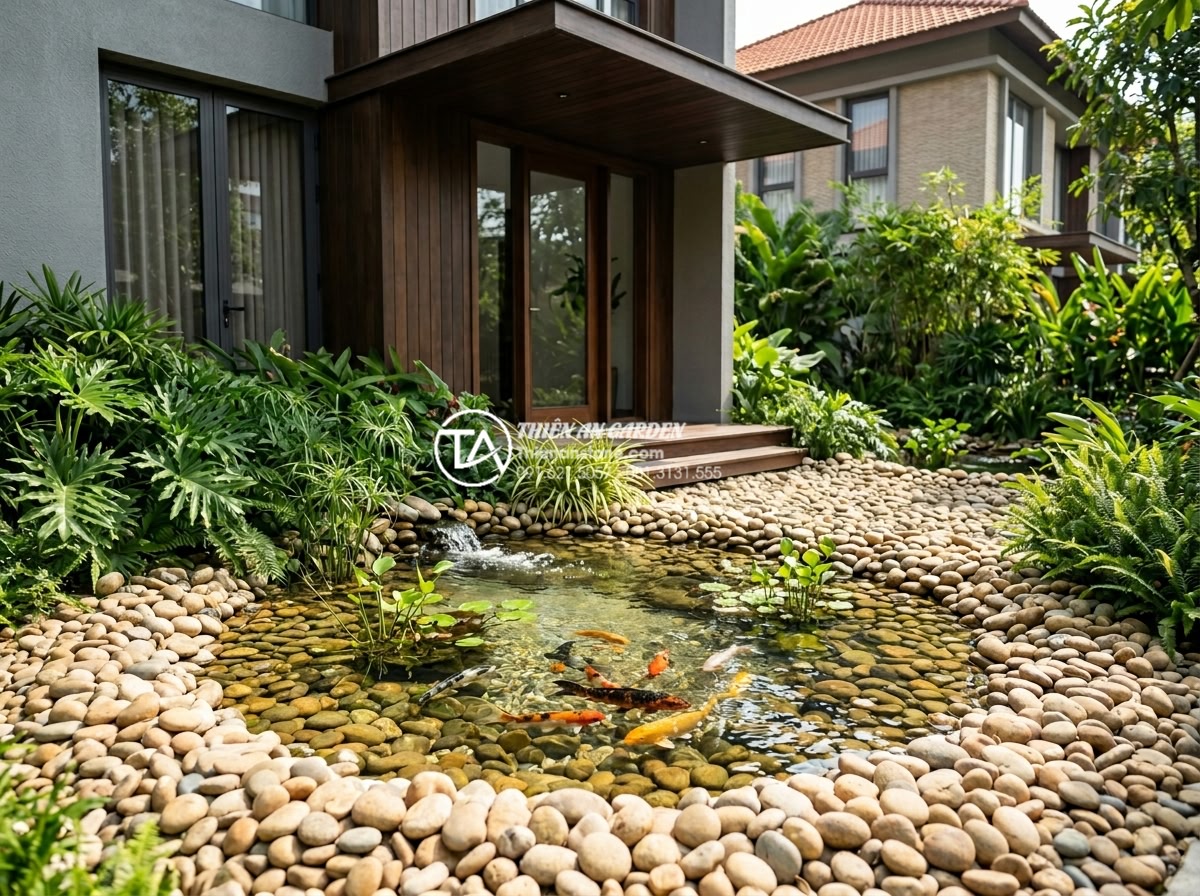 Có nên đặt bể cá tiểu cảnh trước cửa nhà? Lưu ý đại kỵ phong thủy - Hình 1 Có nên đặt bể cá tiểu cảnh trước cửa nhà? Lưu ý đại kỵ phong thủy - Beautiful small Koi fish pond placed in front of a modern Vietnamese villa entra