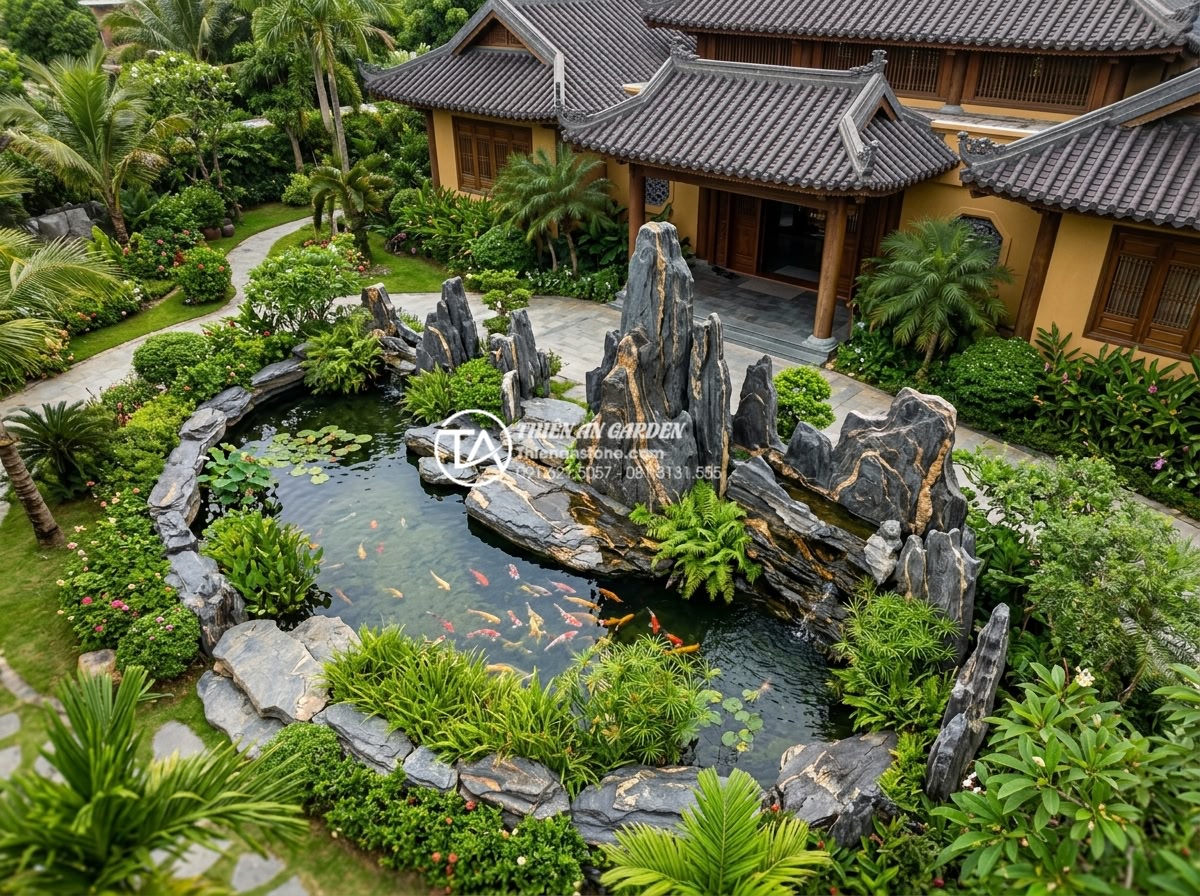 Có nên đặt bể cá tiểu cảnh trước cửa nhà? Lưu ý đại kỵ phong thủy - Hình 4 Có nên đặt bể cá tiểu cảnh trước cửa nhà? Lưu ý đại kỵ phong thủy - Aerial view of ideal Koi pond placement in front of a luxury Vietnamese villa, p